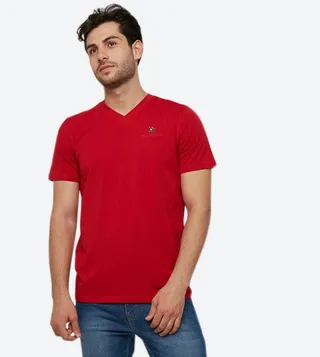 Brand Logo Initials Short Sleeve V-Neck T-Shirt - Red