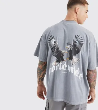 Washed Crew Neck Eagle Print Oversized T-Shirt