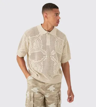Open Stitch All Over Oversized Polo T-Shirt