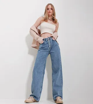 Button Detail Baggy Jeans