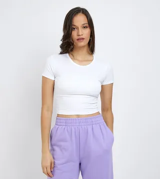 Solid Crew Neck Short Sleeves Cropped T-Shirt