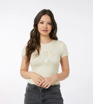 Typography Printed Lettuce Edge T-Shirt