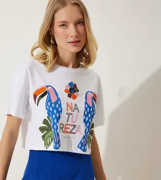Printed Crew Neck Crop T-Shirt