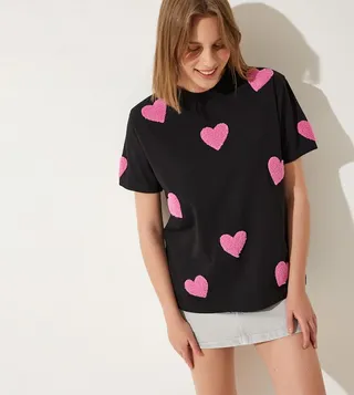 Heart Embroidered Oversized T-Shirt