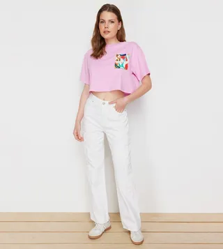 Printed Crew Neck Crop T-Shirt