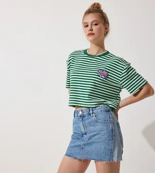 Striped Crew Neck Crop T-Shirt