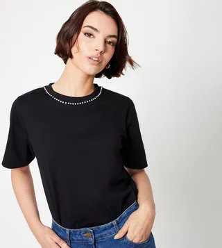 Rhinestone Detail Short Sleeves Jersey T-Shirt
