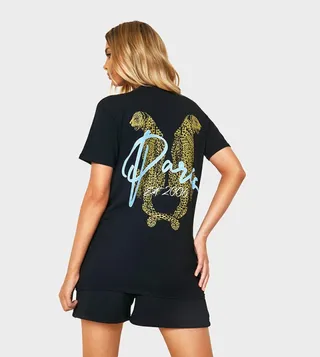 Paris Slogan Leopard Printed Oversized T-Shirt