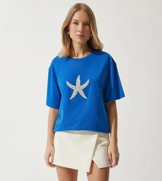Pearl Embellished Oversized T-Shirt