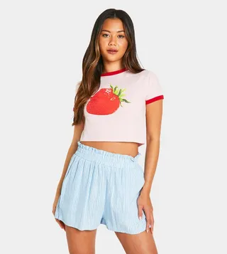 Strawberry Print Short Sleeves Crop T-Shirt