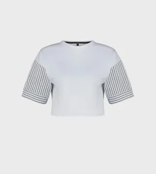 Striped Poplin Sleeves Crop T-Shirt