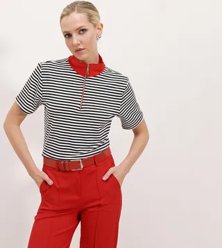 Striped Half-Zipper Polo T-Shirt