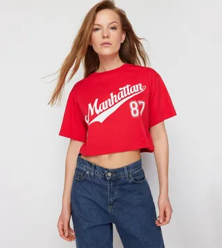 Printed Crew Neck Crop T-Shirt