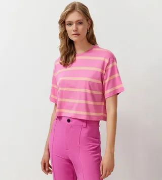 Striped Crew Neck Crop T-Shirt