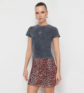 Embroidered Crew Neck Crop T-Shirt