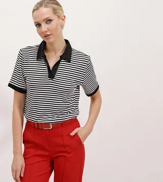 Striped Contrast Trim Polo T-Shirt