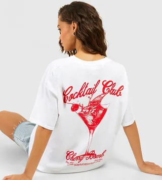 Cocktail Cherry Bomb Back Print Cotton Oversized T-Shirt