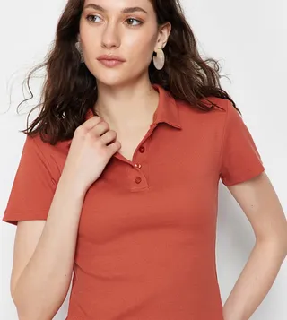 Ribbed Short Sleeves Crop Polo T-Shirt