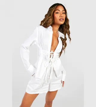 Solid Linen Mix Tie Waist Shirt