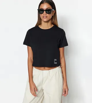 Slogan Printed Crew Neck Crop T-Shirt