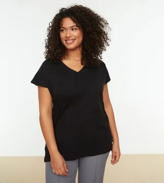 V-Neck Slit Basic Knitted T-Shirt
