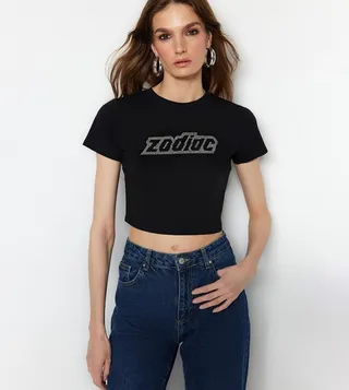 Printed Crew Neck Crop T-Shirt