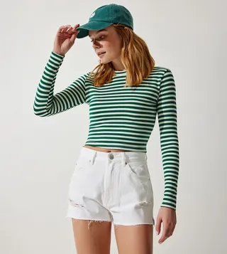 Striped Crew Neck Crop T-Shirt