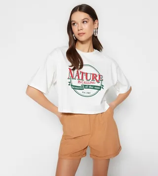 Printed Crew Neck Crop T-Shirt