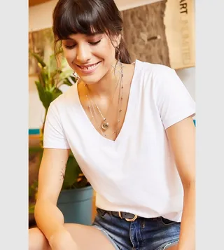 Solid V-Neck Flamed T-Shirt