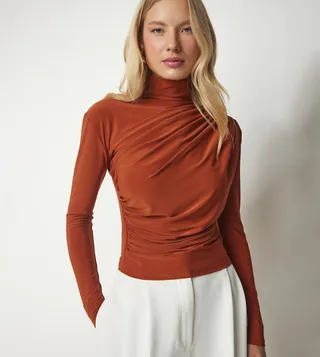 Solid Ruched High Neck Top