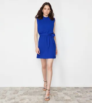 Solid Belt Detail Mini Woven Dress