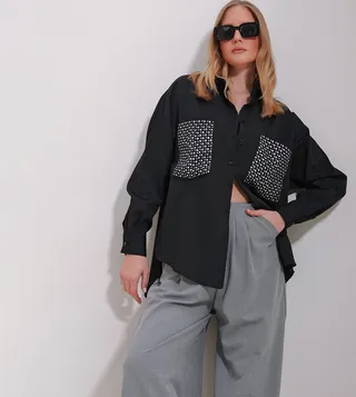 Studded Pocket Detail Oversized Shirt