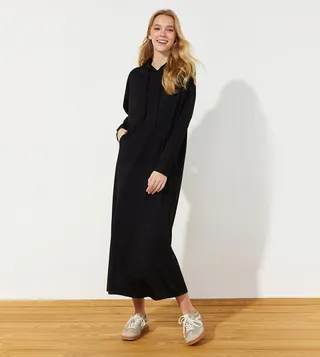 Solid Kangaroo Pocket Hooded Sweat Dress