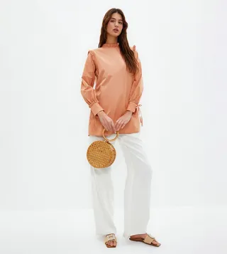 Solid Ruffle Detail Long Sleeves Tunic