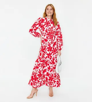 Patterned Puff Sleeves Tiered Dress
