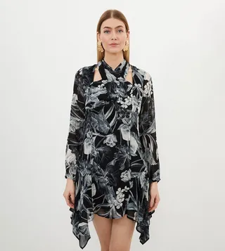 Mono Floral Viscose Georgette Woven Mini Dress