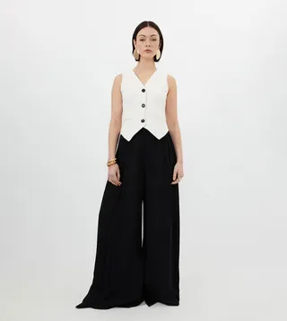 Tailored Crepe Waistcoat Wide Leg Pleated Panel Jumpsuit