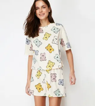 Teddy Bear Print Short Sleeves Shorty Pajama Set