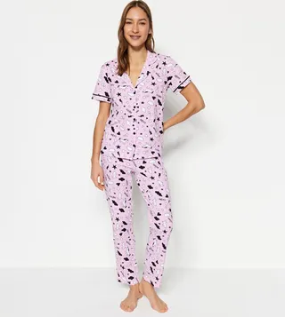 Printed Lapel Collar Pyjama Set