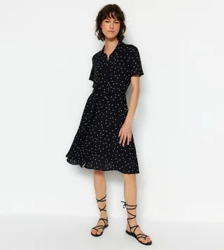 Polka Dot Printed Belted Shirt Dress