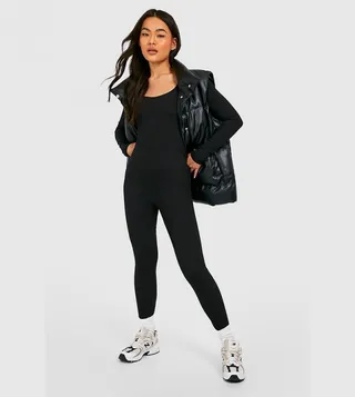 Basic Scoop Neck Ribbed Long Sleeves Jumpsuit