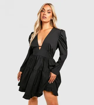Woven Puff Sleeves Tiered Smock Dress