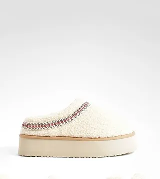 Borg Embroidered Platform Cosy Mules