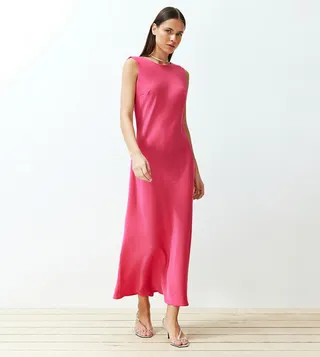 Solid Crew Neck Satin Dress