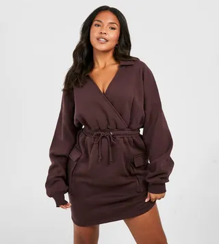 Wrap Tie Waist Cargo Pocket Sweat Dress