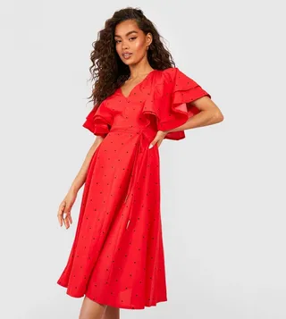Midi Polka Dot Ruffle Angel Sleeves Midi Dress