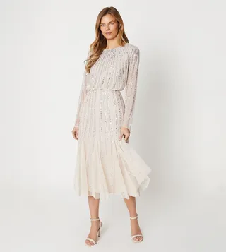 Linear Sequin Embellished Long Sleeves Midi Dress