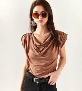 Solid Cowl Neck Padded Shoulder Top