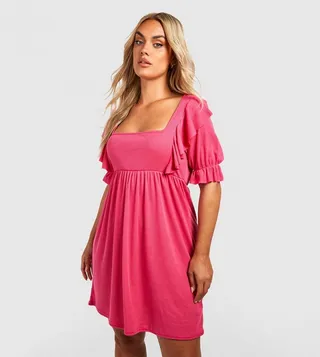 Rib Ruffle Puff Sleeves Smock Dress