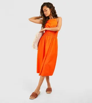 Strappy Linen Shirred Waist Midi Dress